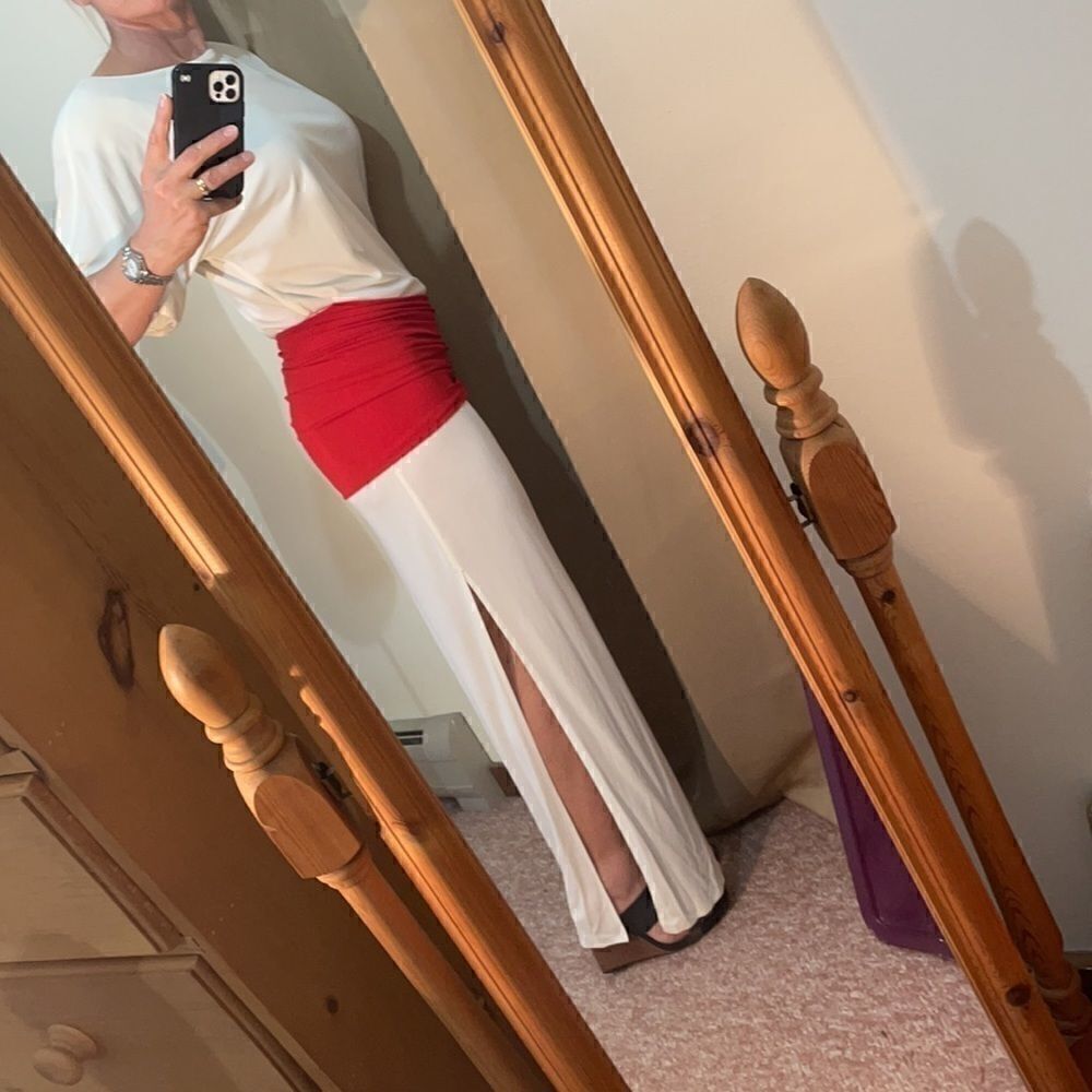 Jackie Rogers Grecian Style Cream maxi Dress, red waist band, neck tie, Medium - Picture 2 of 13